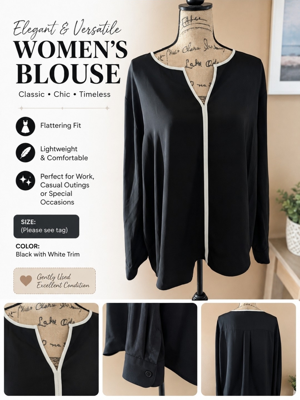 Elegant Black Blouse with White Trim - Women's Long-Sleeve Top